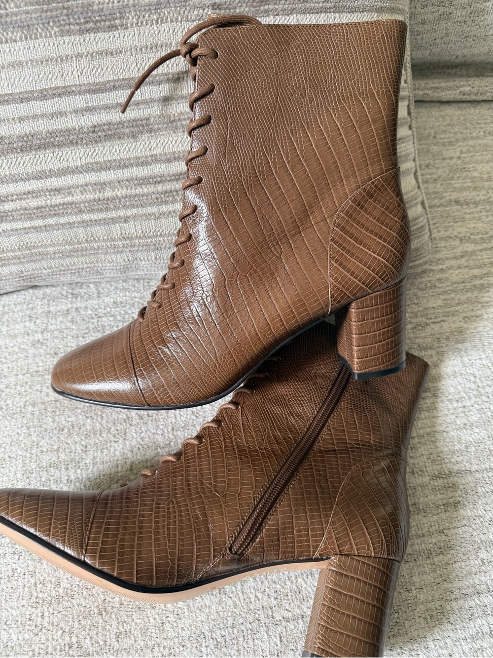 J. Crew Croc-Embossed Brown Lace-Up Ankle Boots